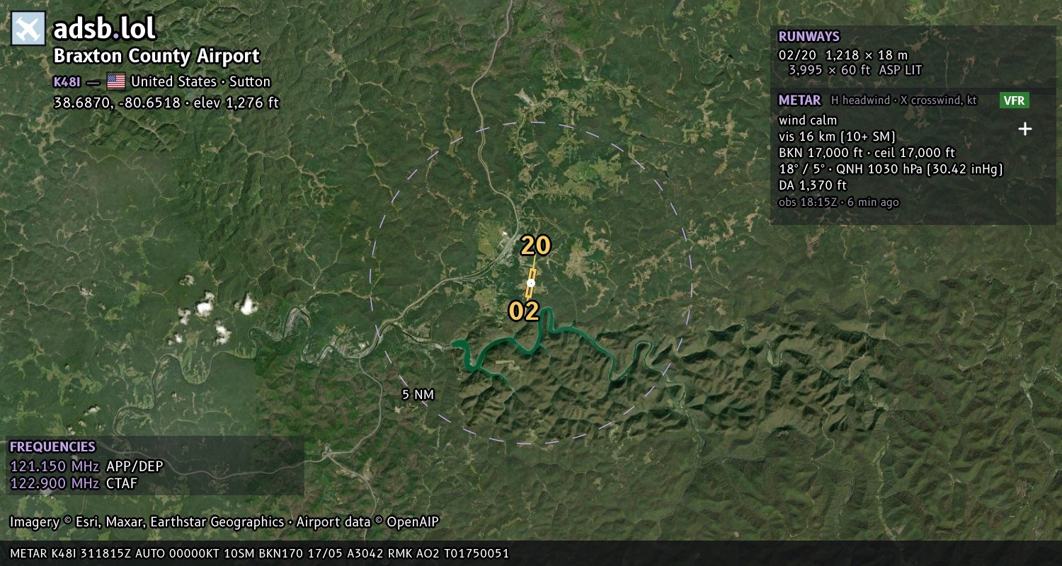 Satellite map with the runway layout of Braxton County Airport (K48I)