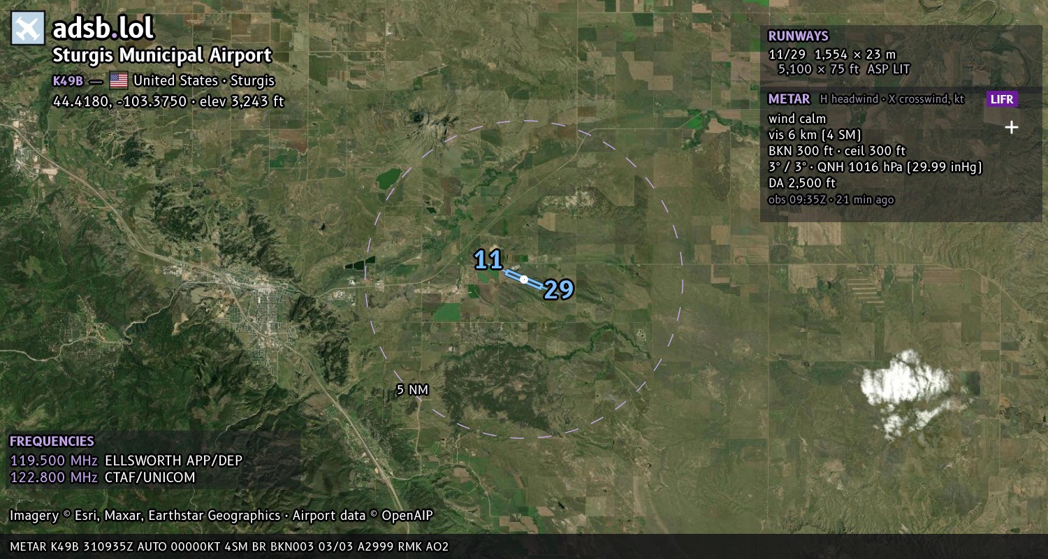 Satellite map with the runway layout of Sturgis Municipal Airport (K49B)