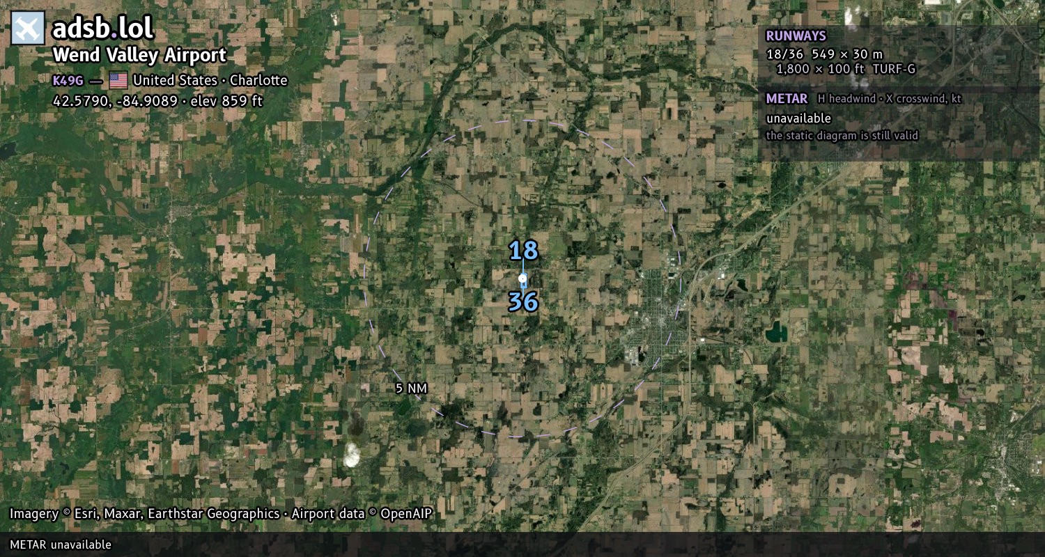Satellite map with the runway layout of Wend Valley Airport (K49G)