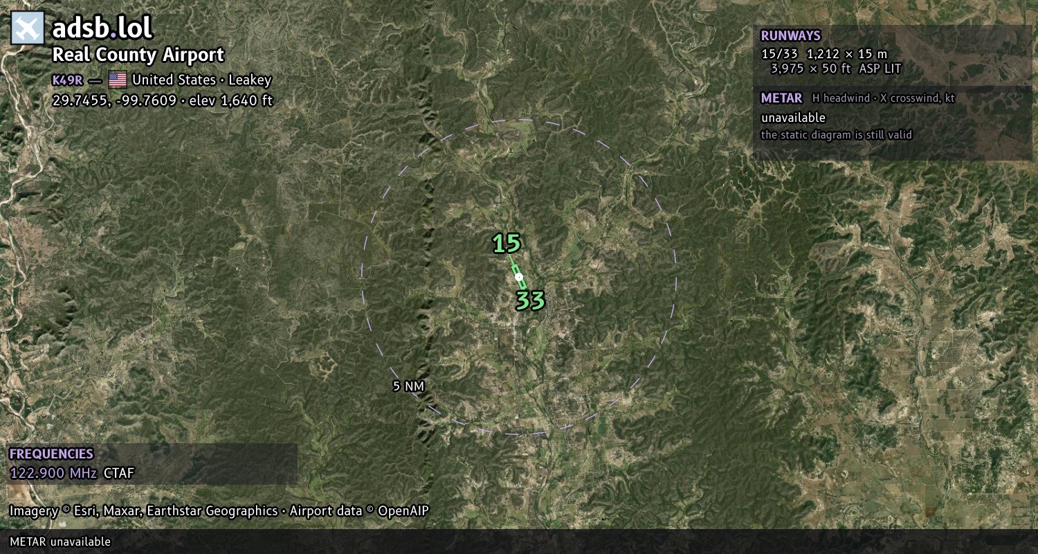 Satellite map with the runway layout of Real County Airport (K49R)