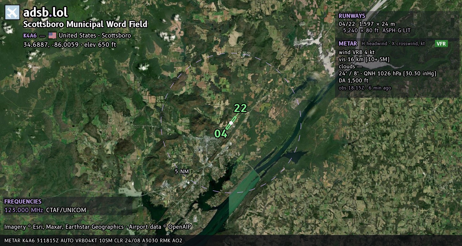 Satellite map with the runway layout of Scottsboro Municipal Word Field (K4A6)