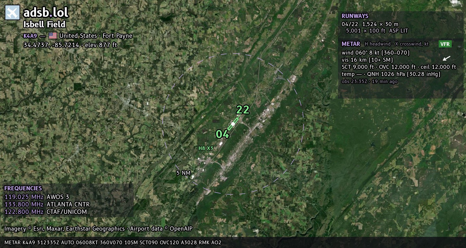 Satellite map with the runway layout of Isbell Field (K4A9)