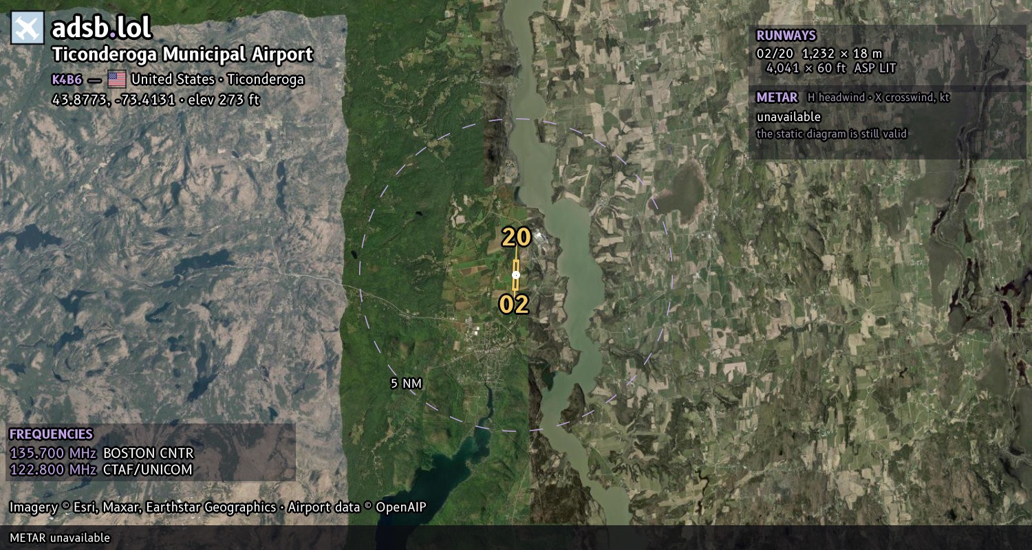 Satellite map with the runway layout of Ticonderoga Municipal Airport (K4B6)