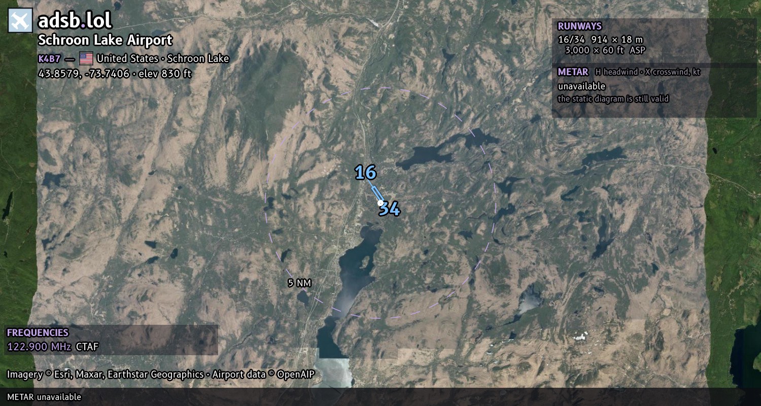 Satellite map with the runway layout of Schroon Lake Airport (K4B7)