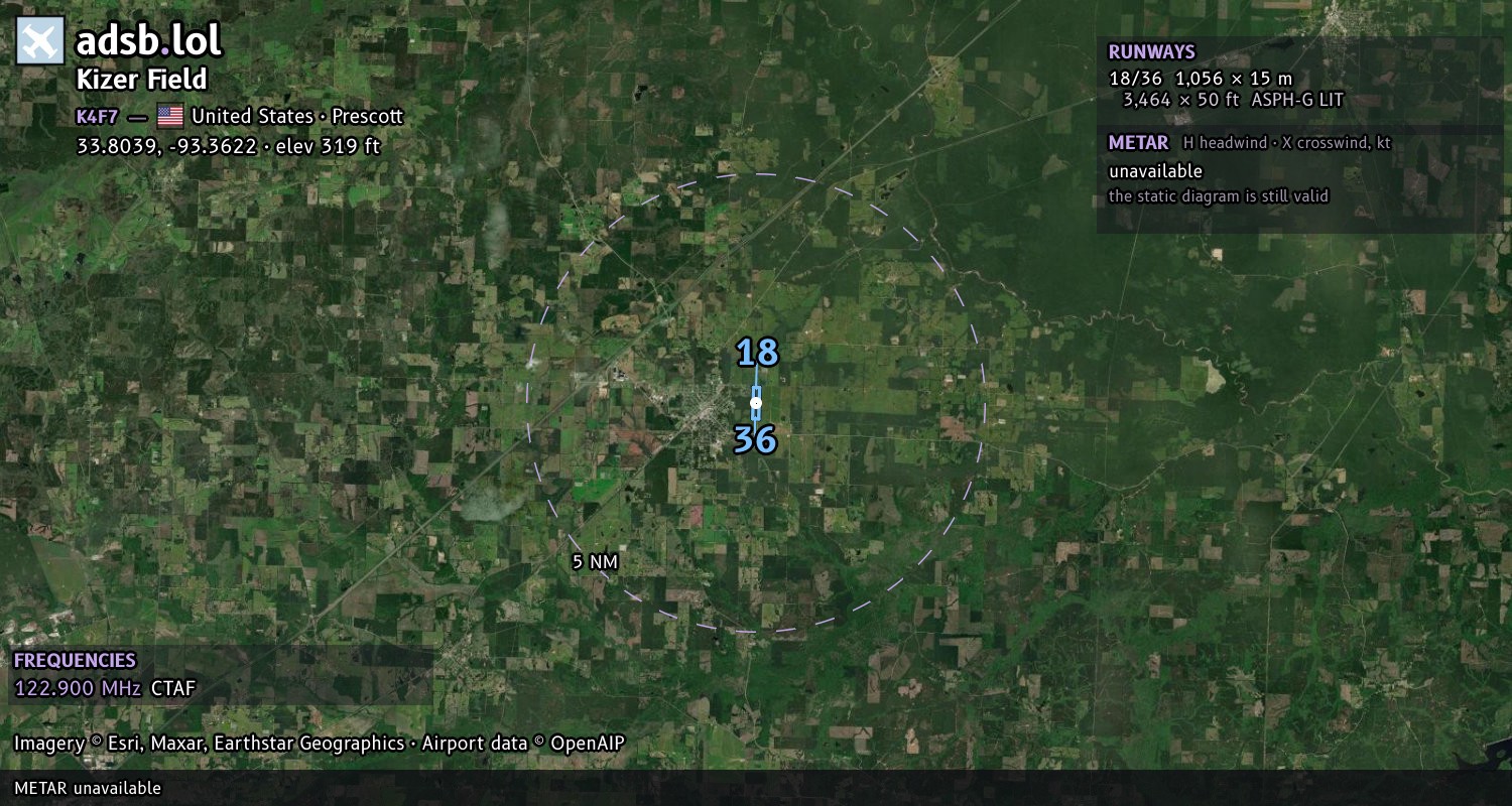 Satellite map with the runway layout of Kizer Field (K4F7)
