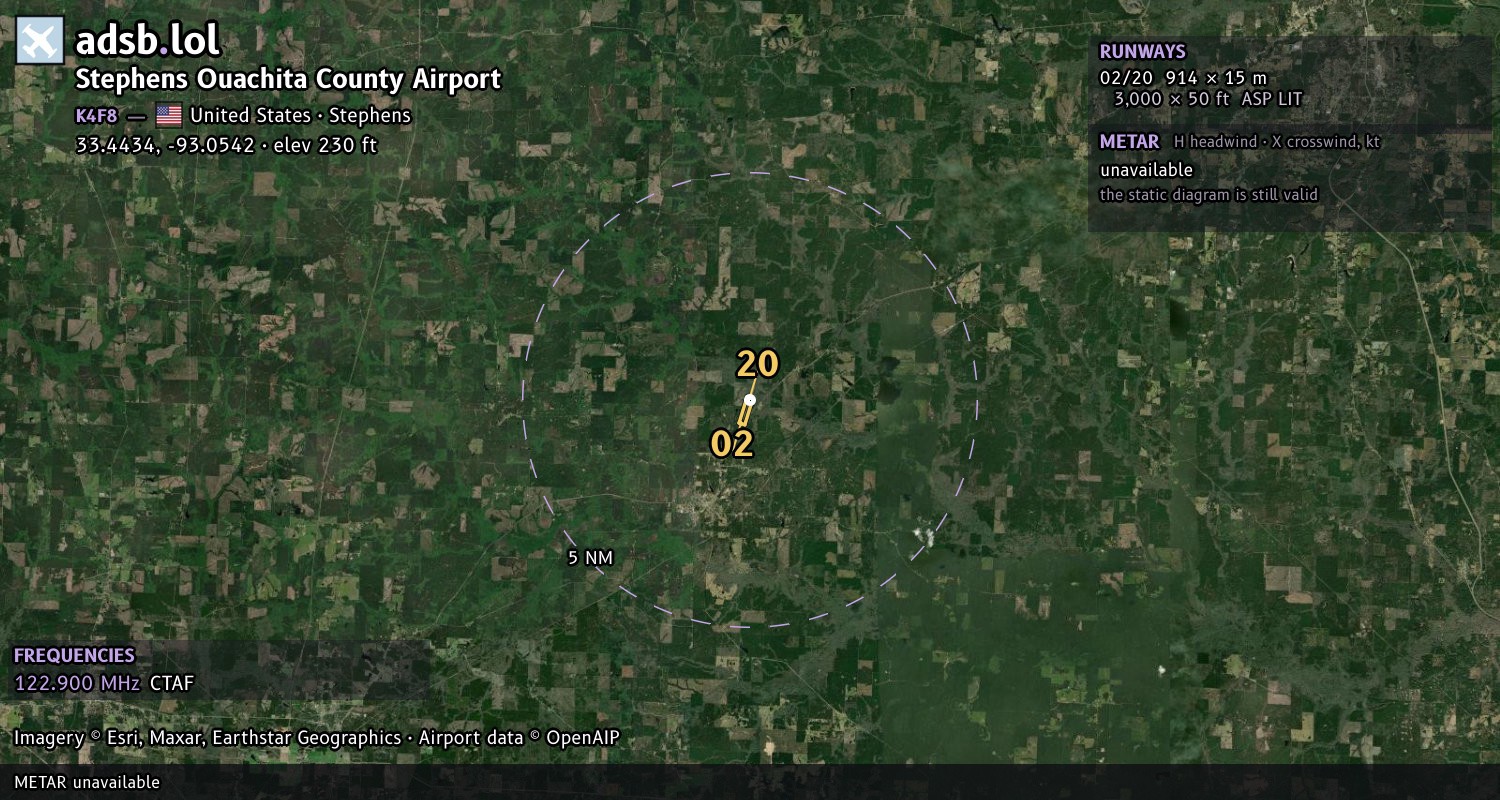 Satellite map with the runway layout of Stephens Ouachita County Airport (K4F8)