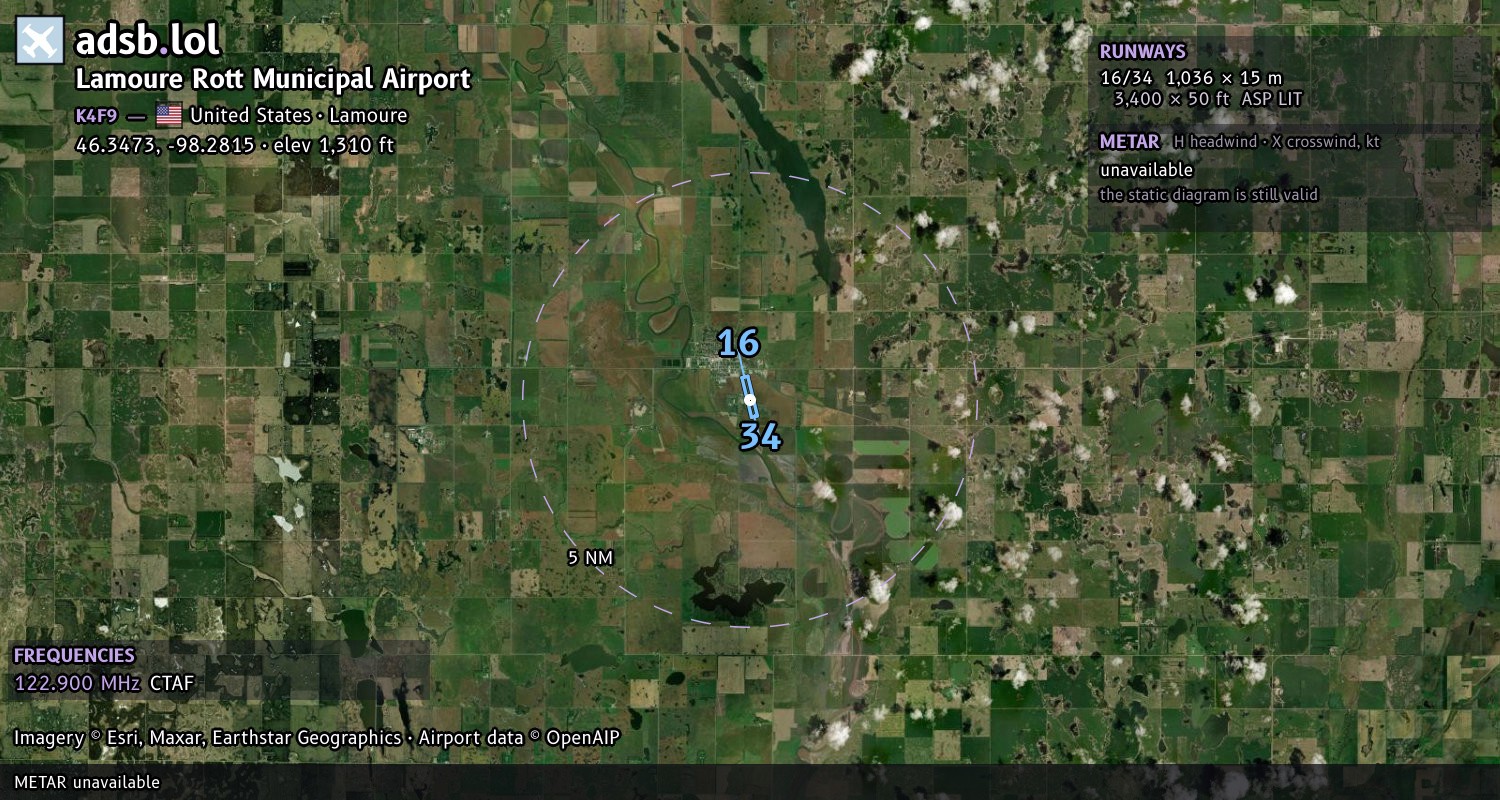 Satellite map with the runway layout of Lamoure Rott Municipal Airport (K4F9)