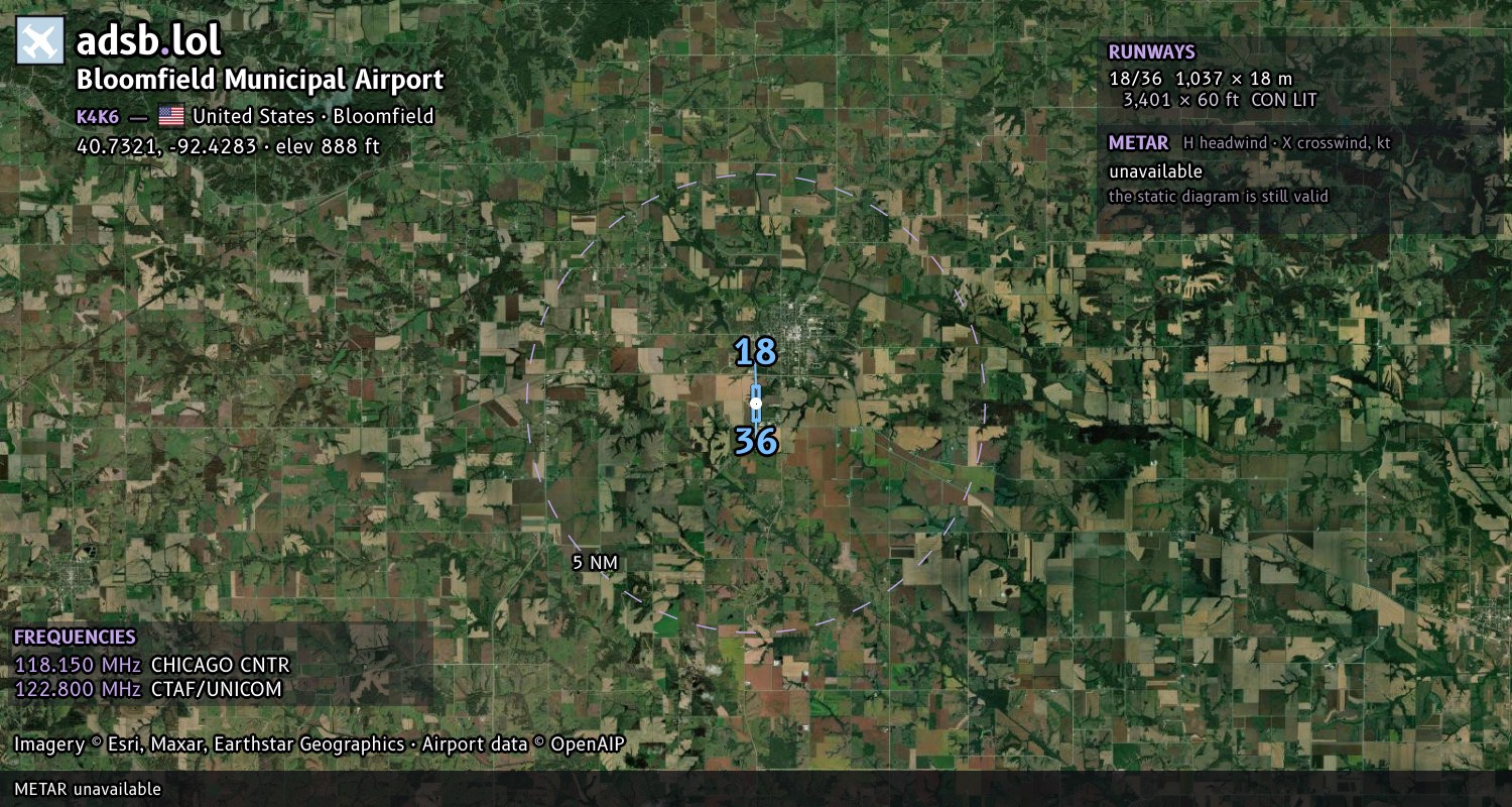 Satellite map with the runway layout of Bloomfield Municipal Airport (K4K6)