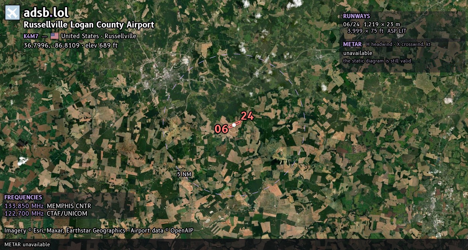 Satellite map with the runway layout of Russellville Logan County Airport (K4M7)