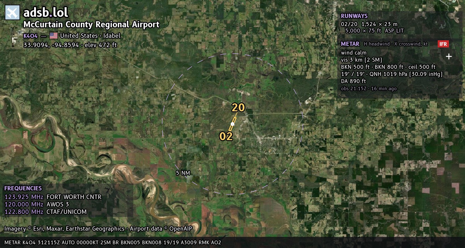 Satellite map with the runway layout of McCurtain County Regional Airport (K4O4)