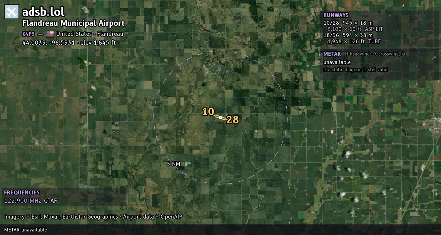 Satellite map with the runway layout of Flandreau Municipal Airport (K4P3)