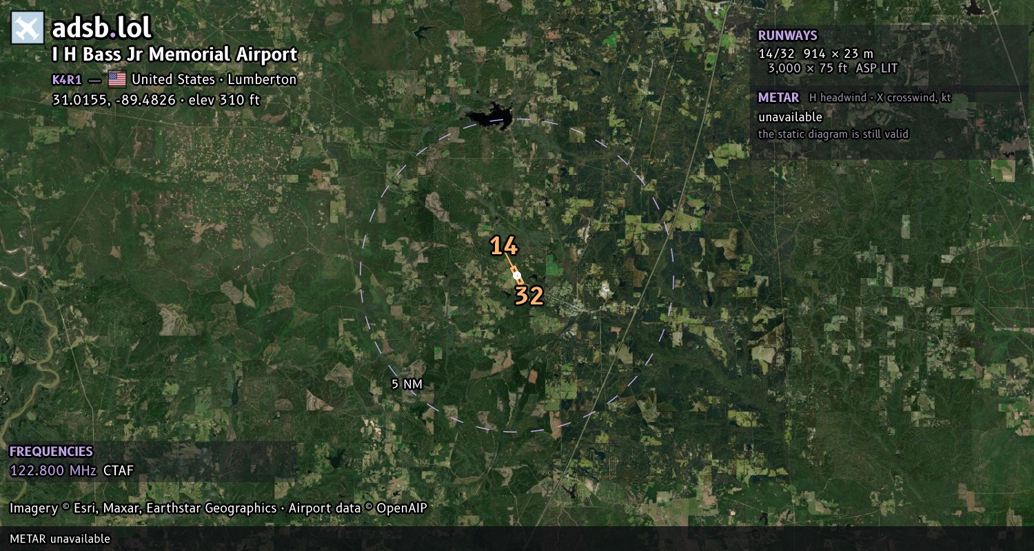 Satellite map with the runway layout of I H Bass Jr Memorial Airport (K4R1)