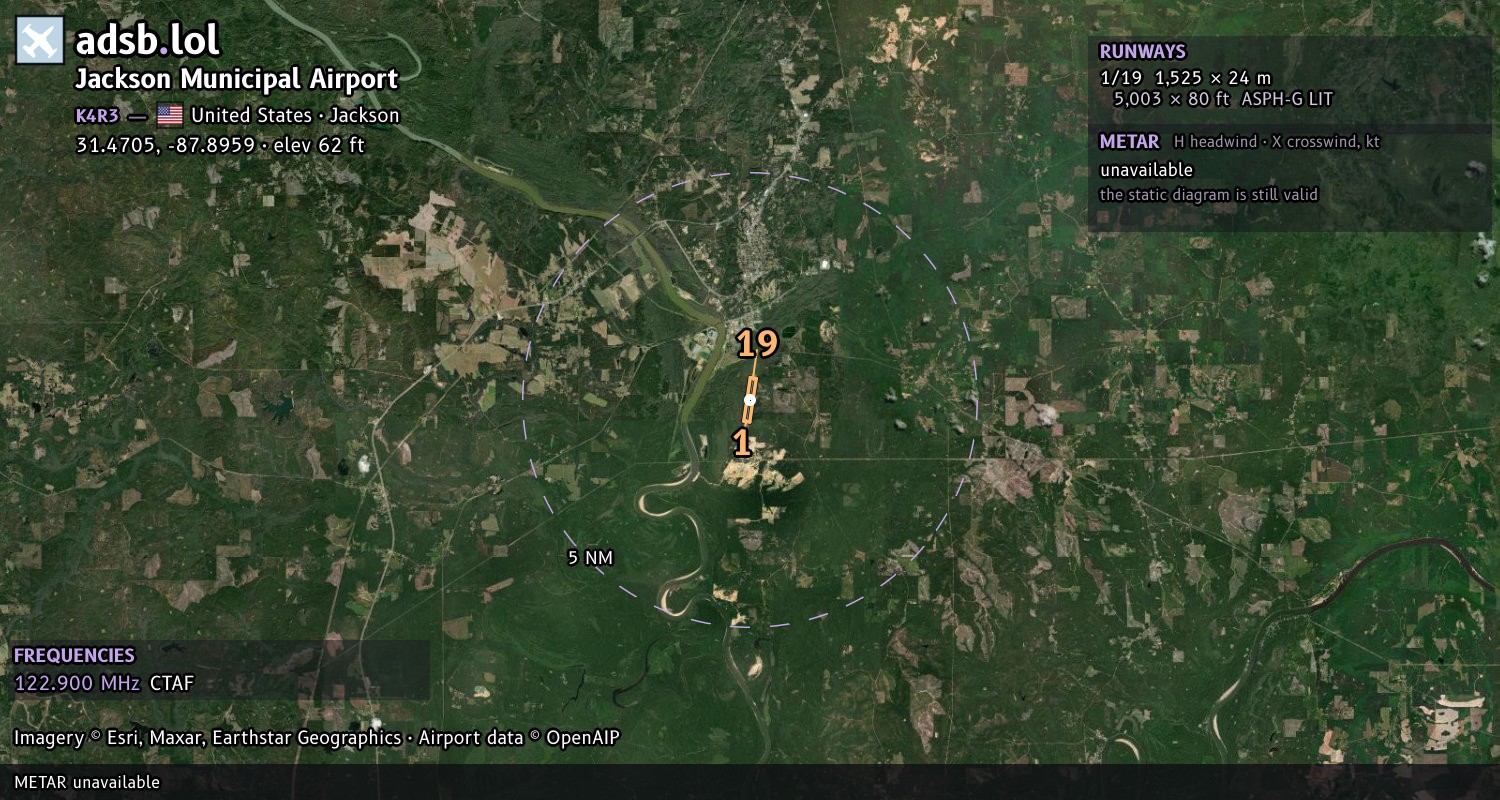Satellite map with the runway layout of Jackson Municipal Airport (K4R3)