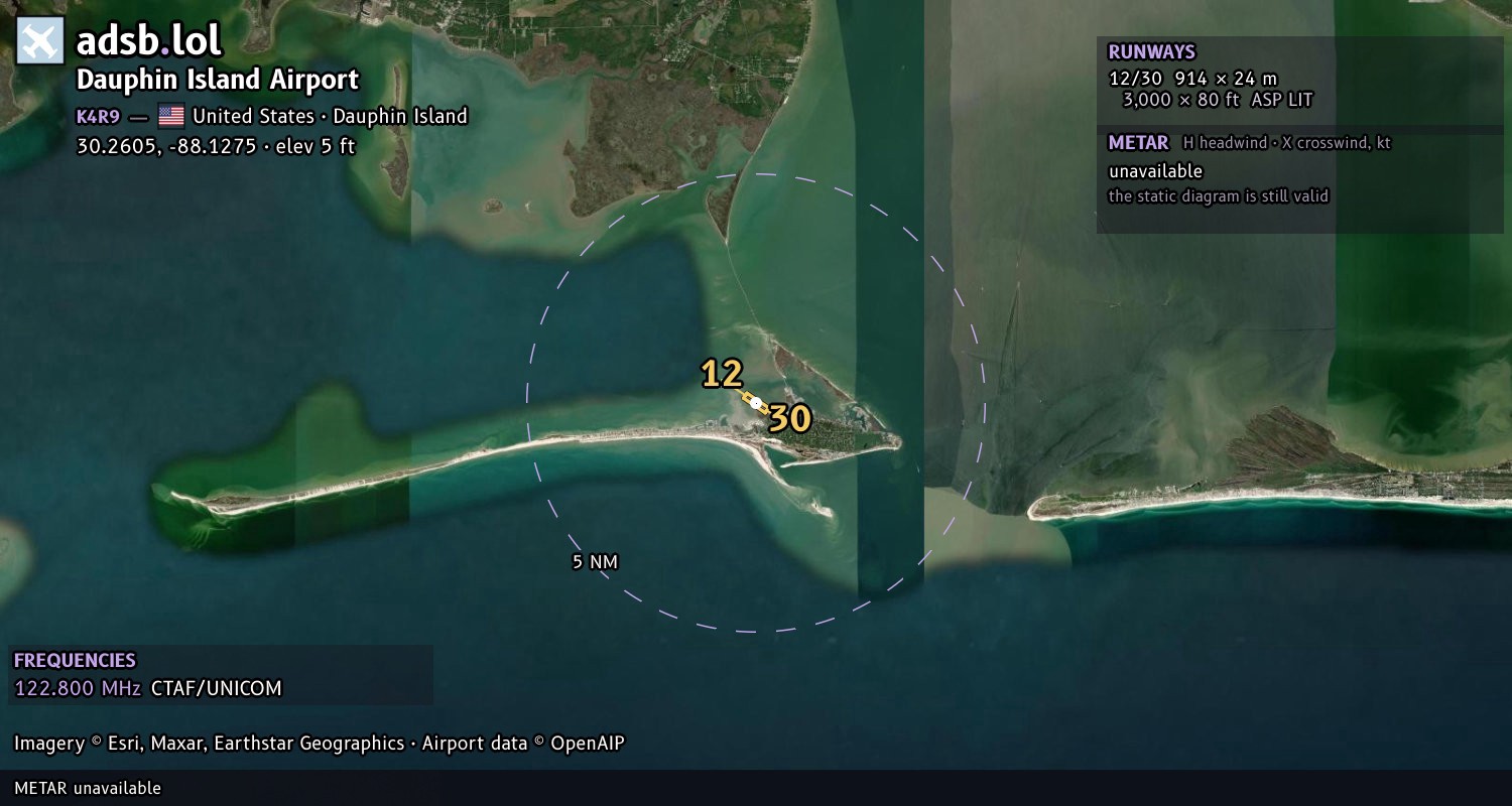Satellite map with the runway layout of Dauphin Island Airport (K4R9)