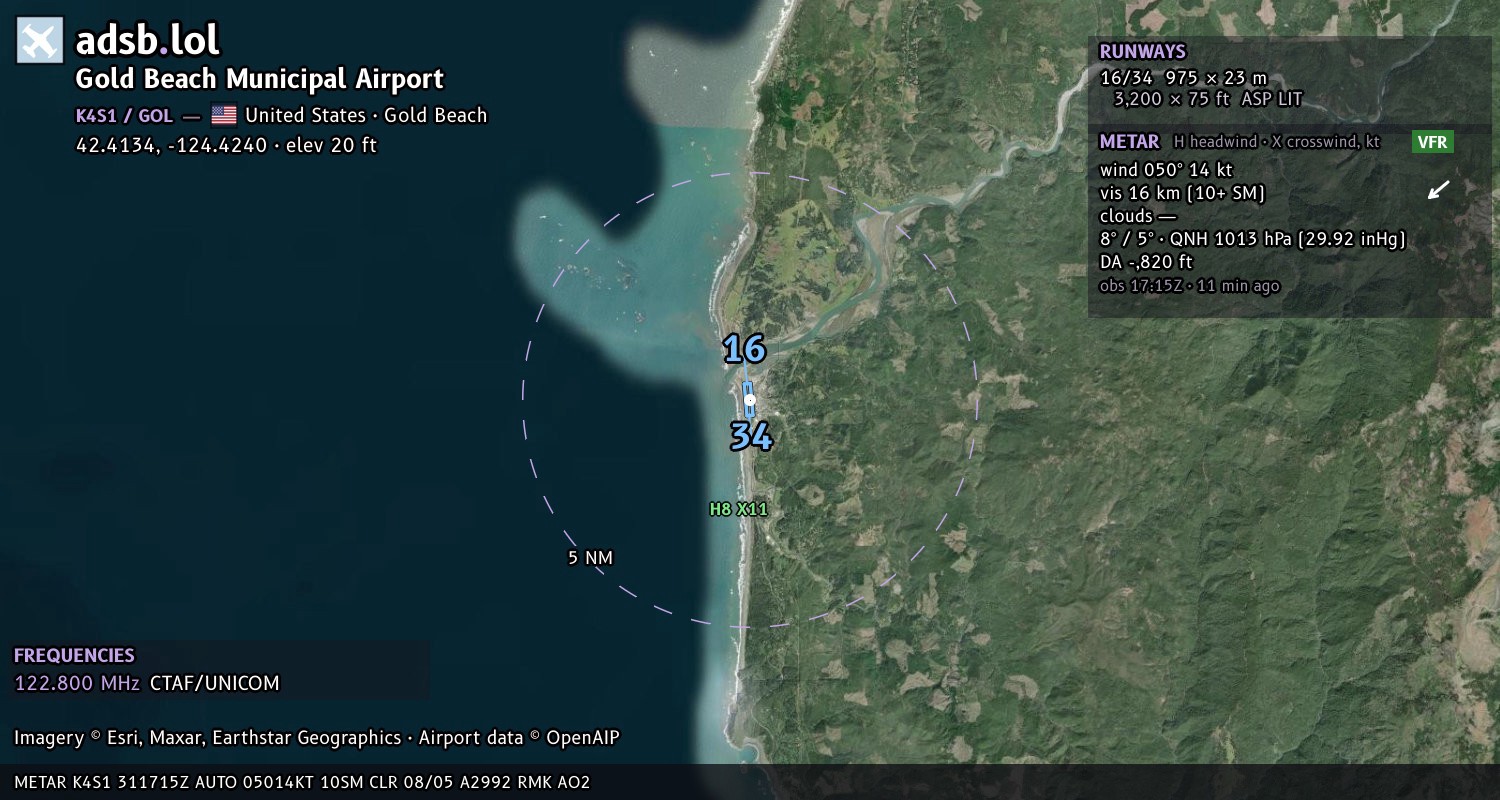 Satellite map with the runway layout of Gold Beach Municipal Airport (K4S1)