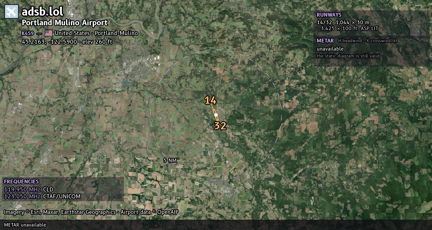 Satellite map with the runway layout of Portland Mulino Airport (K4S9)