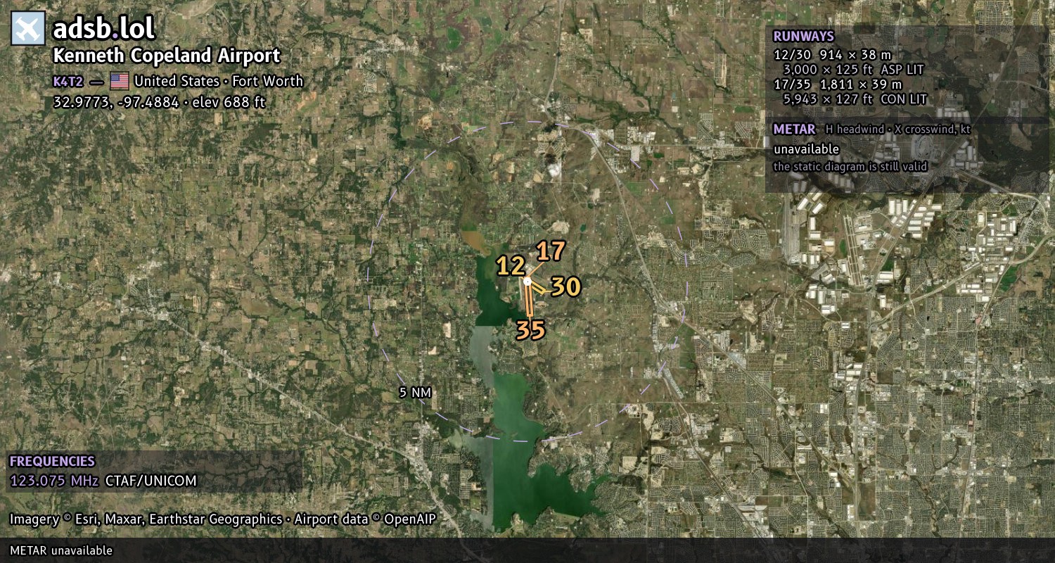 Satellite map with the runway layout of Kenneth Copeland Airport (K4T2)