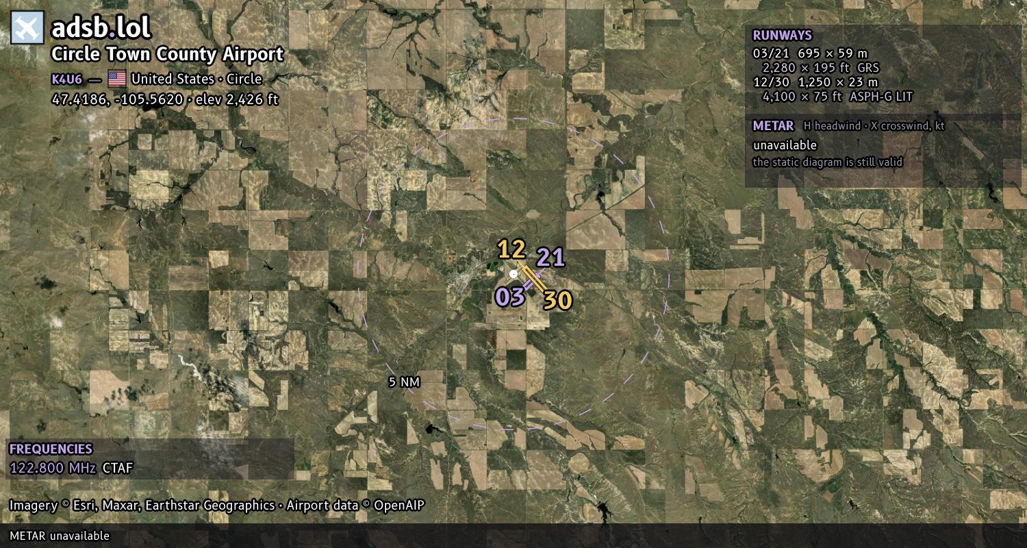 Satellite map with the runway layout of Circle Town County Airport (K4U6)