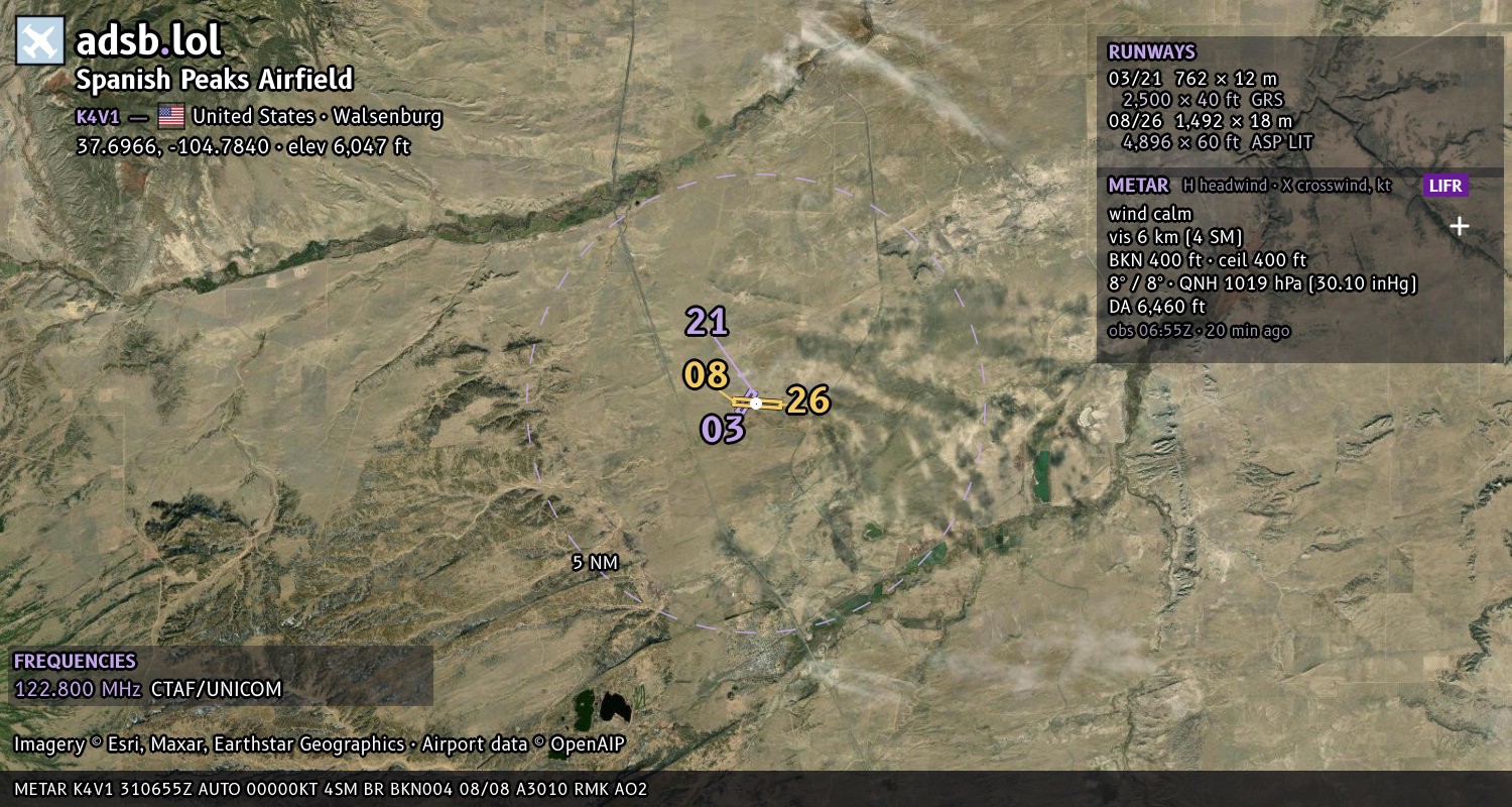 Satellite map with the runway layout of Spanish Peaks Airfield (K4V1)