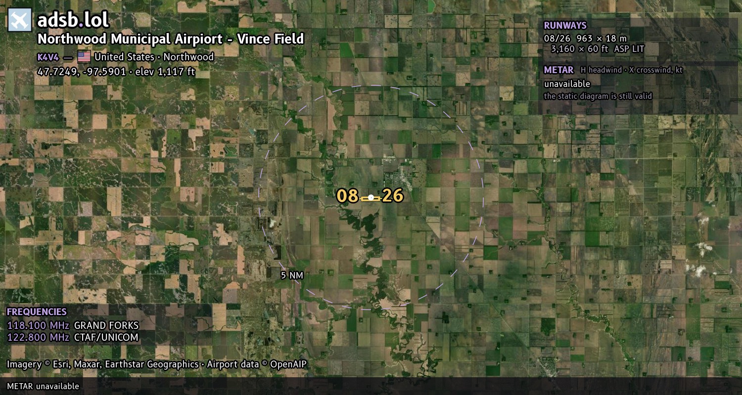 Satellite map with the runway layout of Northwood Municipal Airpiort - Vince Field (K4V4)