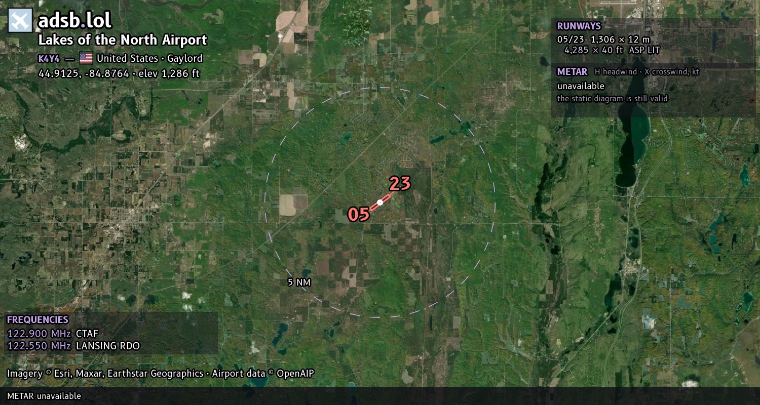 Satellite map with the runway layout of Lakes of the North Airport (K4Y4)