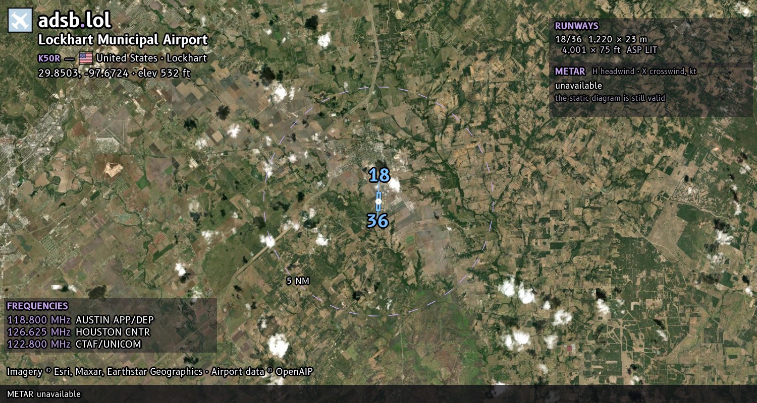 Satellite map with the runway layout of Lockhart Municipal Airport (K50R)