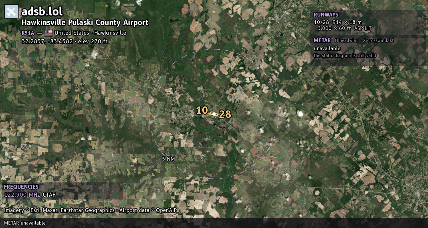 Satellite map with the runway layout of Hawkinsville Pulaski County Airport (K51A)