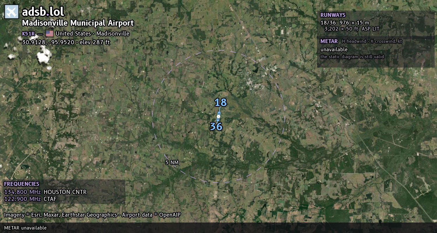 Satellite map with the runway layout of Madisonville Municipal Airport (K51R)