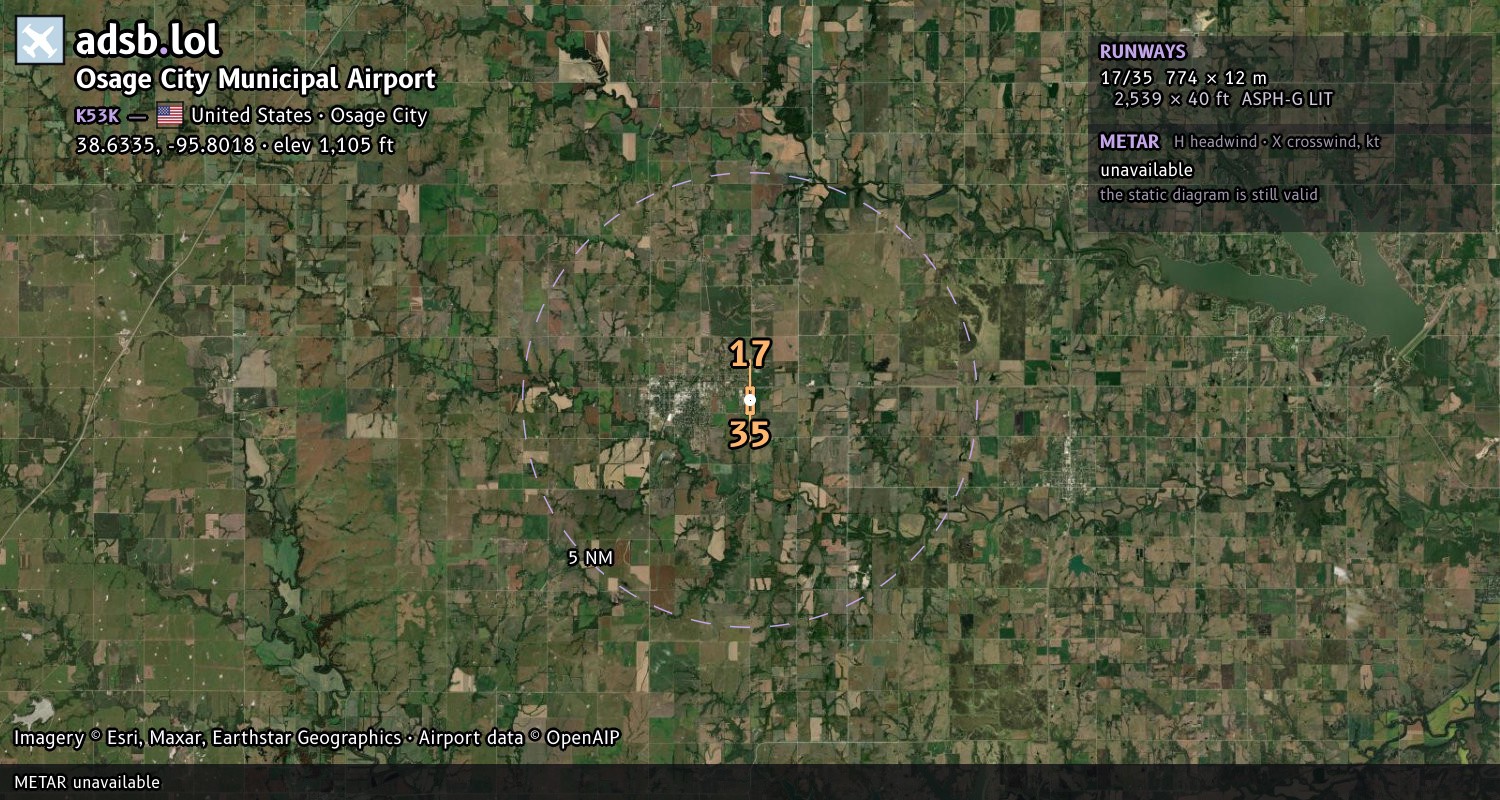 Satellite map with the runway layout of Osage City Municipal Airport (K53K)