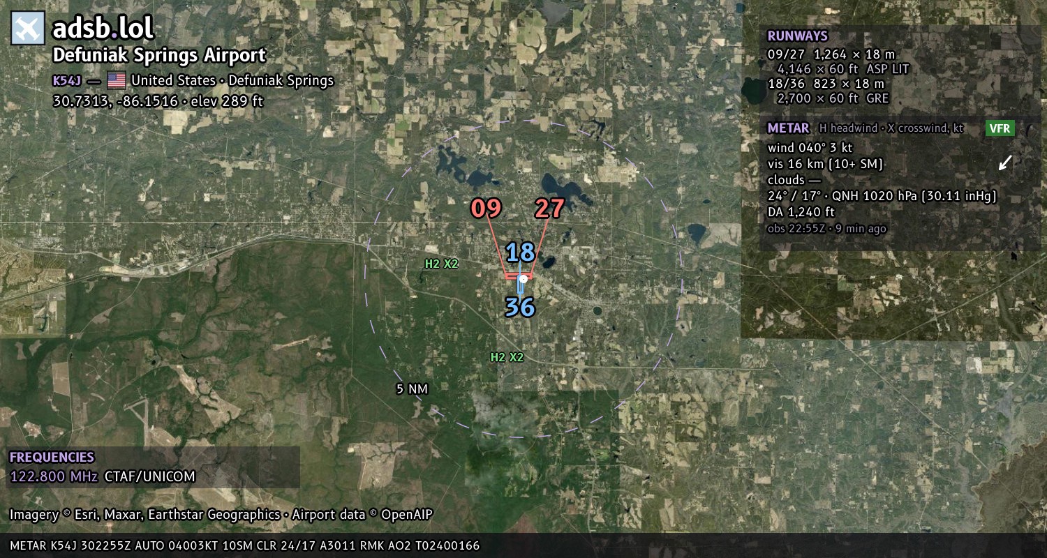 Satellite map with the runway layout of Defuniak Springs Airport (K54J)