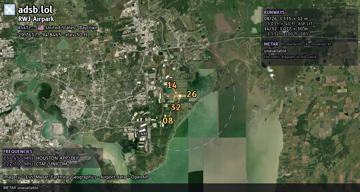 Satellite map with the runway layout of RWJ Airpark (K54T)