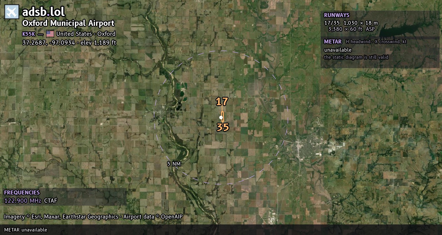 Satellite map with the runway layout of Oxford Municipal Airport (K55K)