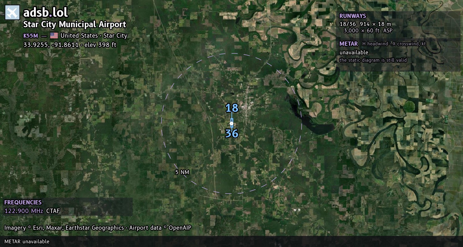 Satellite map with the runway layout of Star City Municipal Airport (K55M)