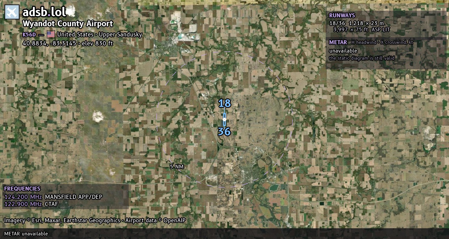 Satellite map with the runway layout of Wyandot County Airport (K56D)