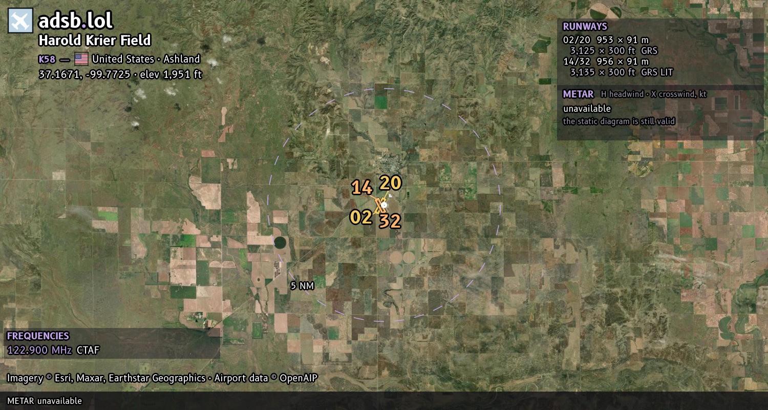 Satellite map with the runway layout of Harold Krier Field (K58)