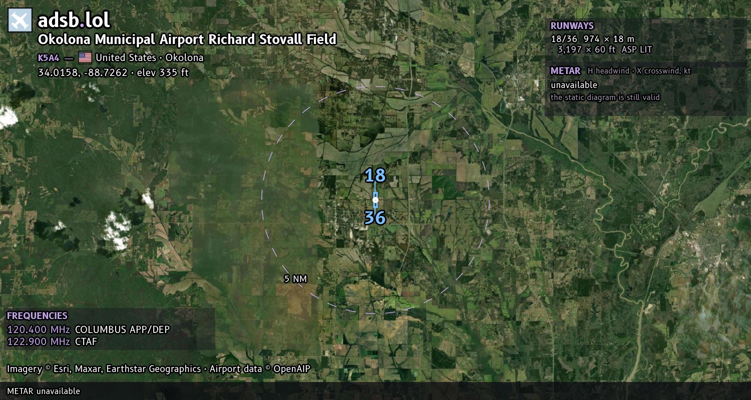 Satellite map with the runway layout of Okolona Municipal Airport Richard Stovall Field (K5A4)