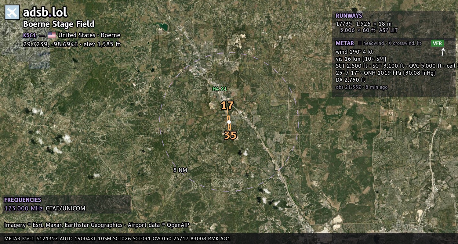 Satellite map with the runway layout of Boerne Stage Field (K5C1)
