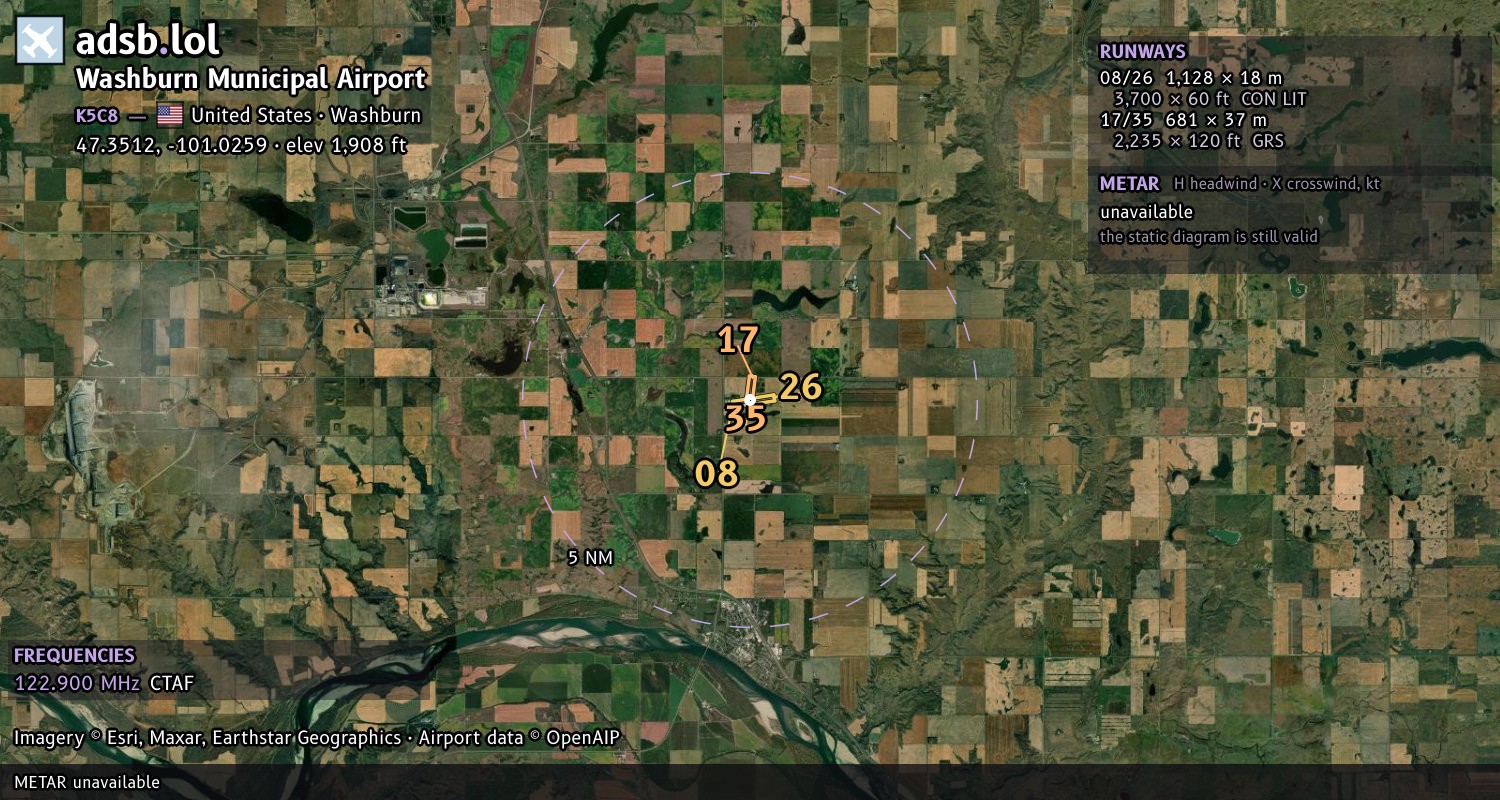 Satellite map with the runway layout of Washburn Municipal Airport (K5C8)