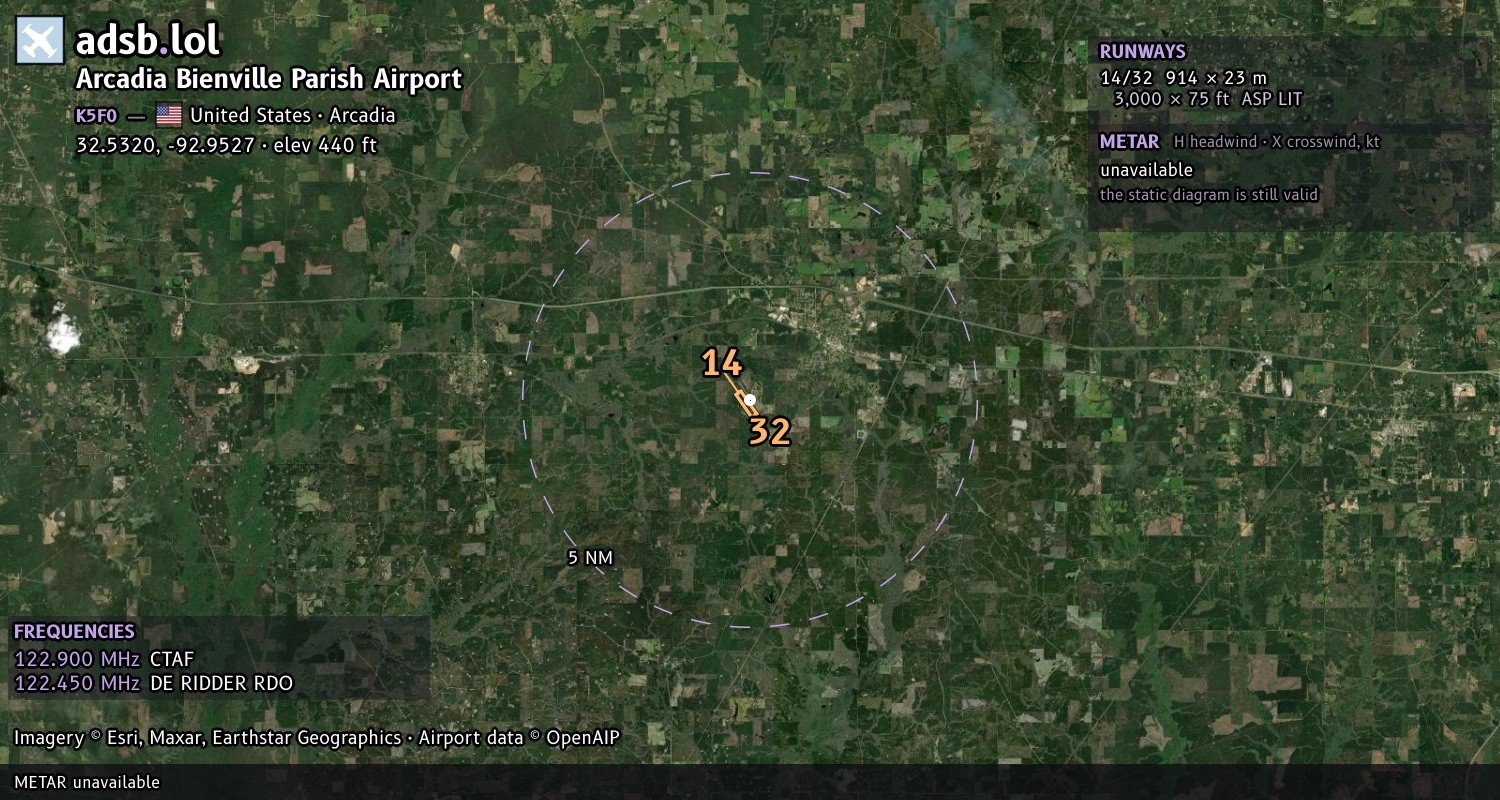 Satellite map with the runway layout of Arcadia Bienville Parish Airport (K5F0)