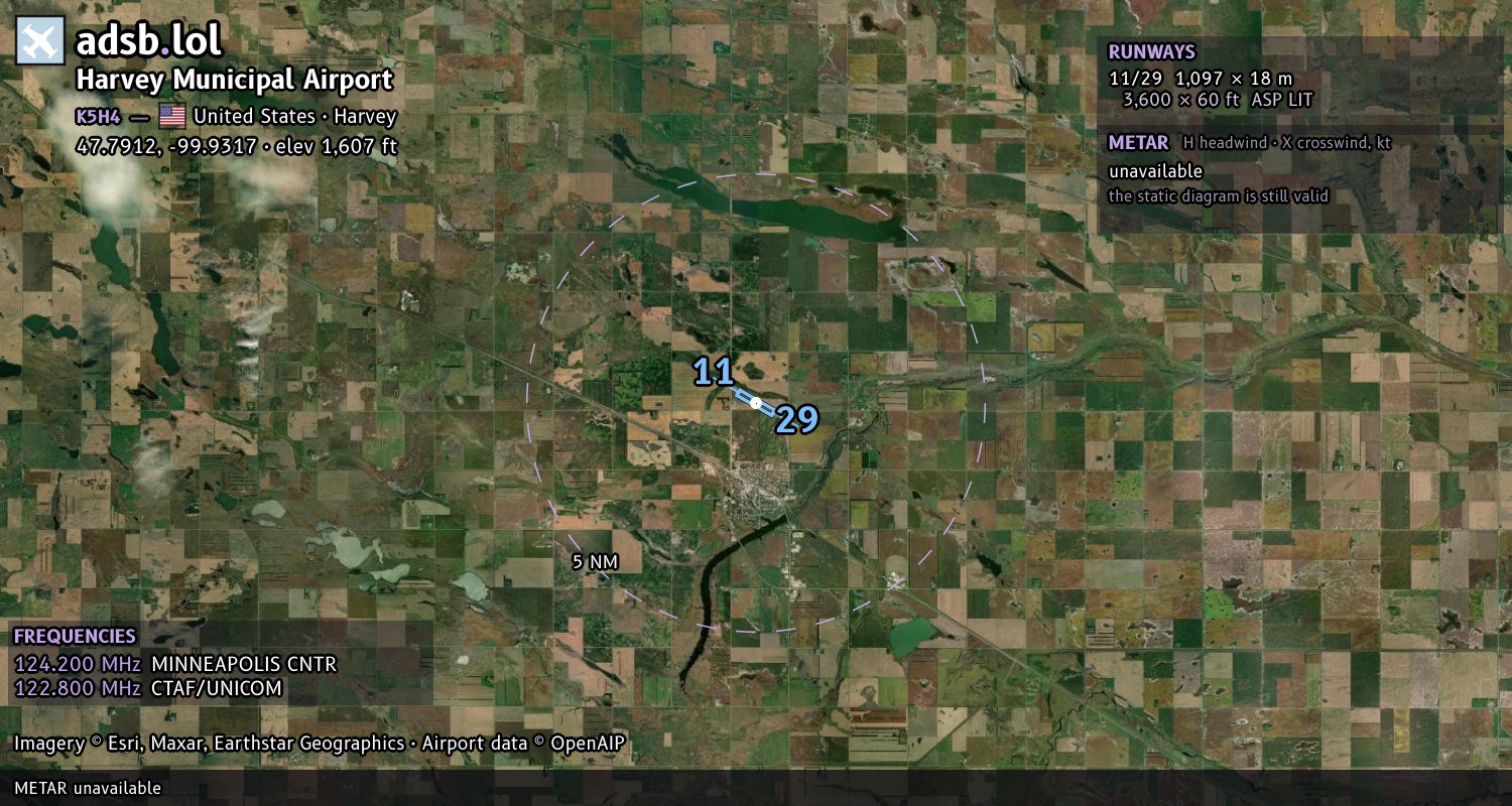 Satellite map with the runway layout of Harvey Municipal Airport (K5H4)