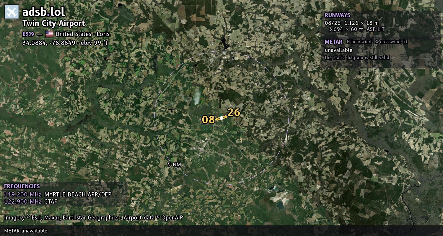 Satellite map with the runway layout of Twin City Airport (K5J9)