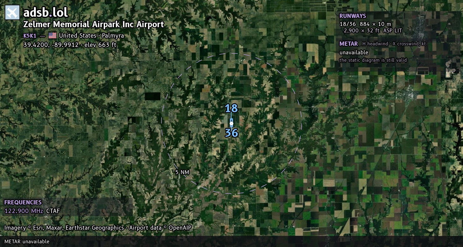 Satellite map with the runway layout of Zelmer Memorial Airpark Inc Airport (K5K1)
