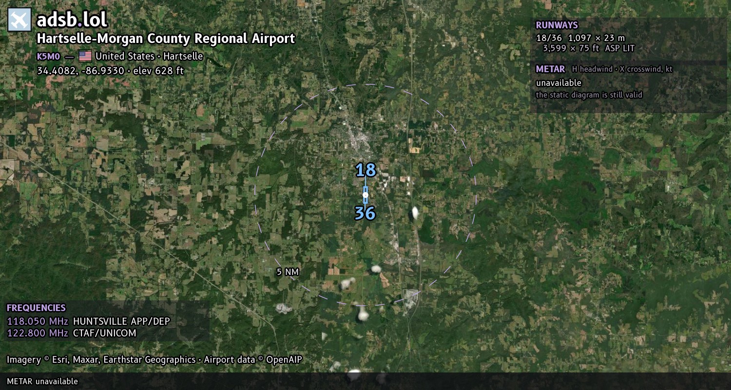 Satellite map with the runway layout of Hartselle-Morgan County Regional Airport (K5M0)