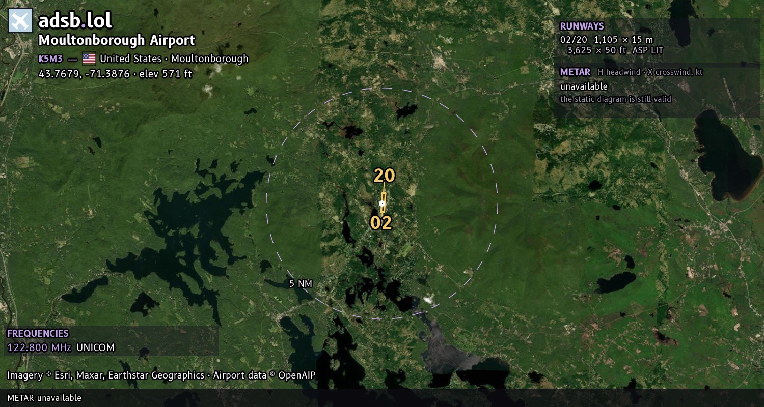 Satellite map with the runway layout of Moultonborough Airport (K5M3)