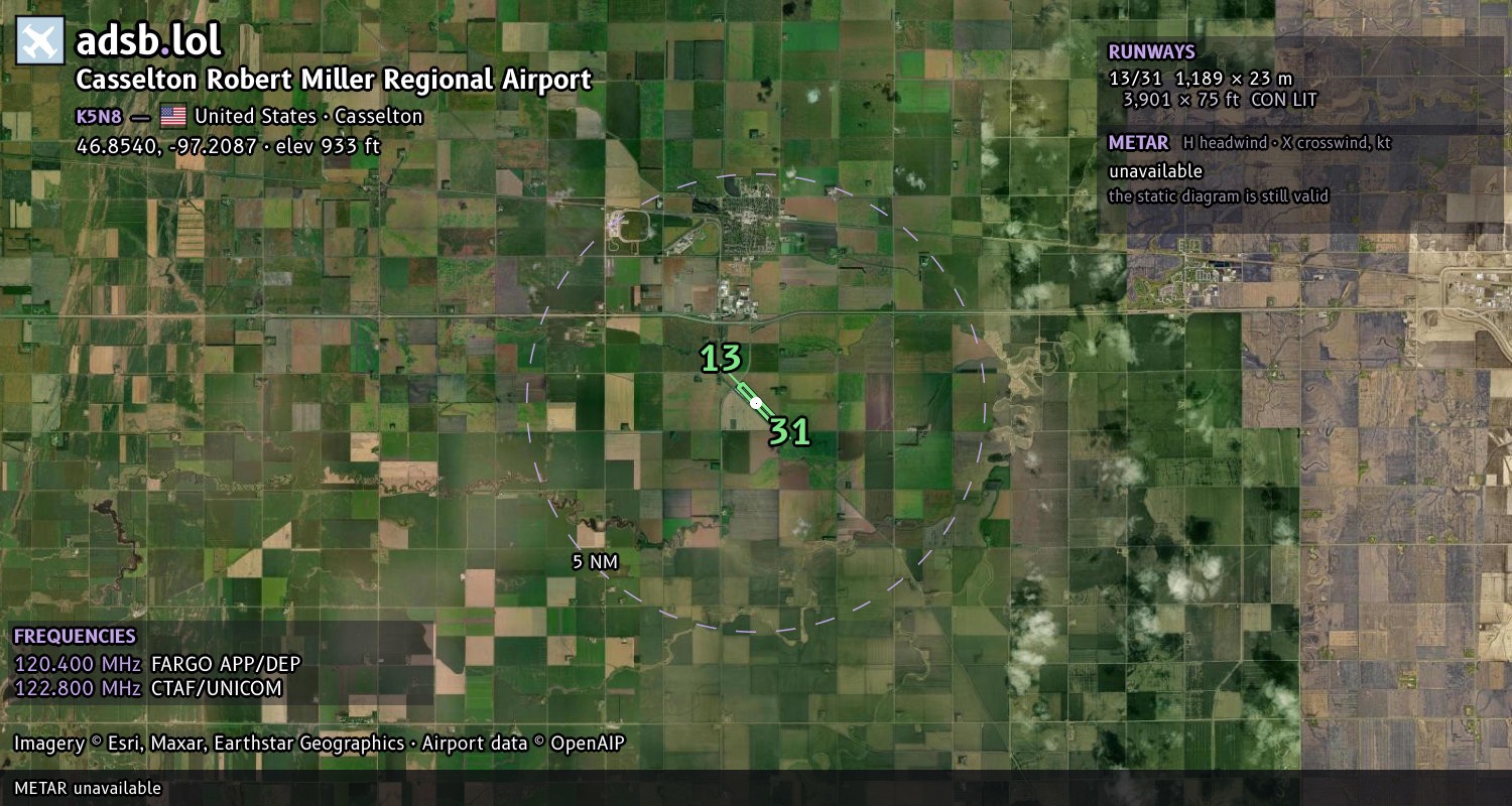Satellite map with the runway layout of Casselton Robert Miller Regional Airport (K5N8)