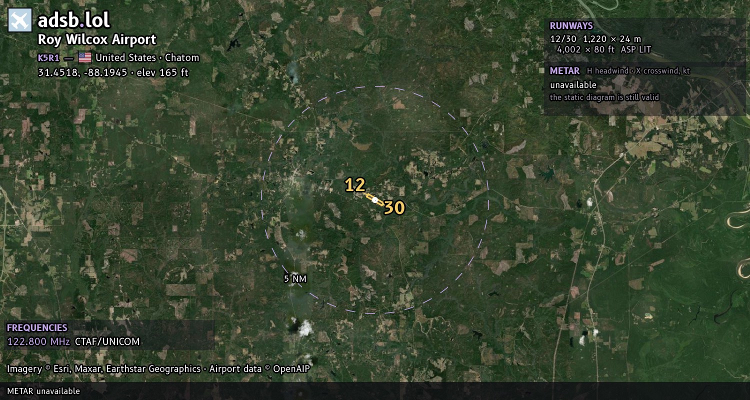 Satellite map with the runway layout of Roy Wilcox Airport (K5R1)