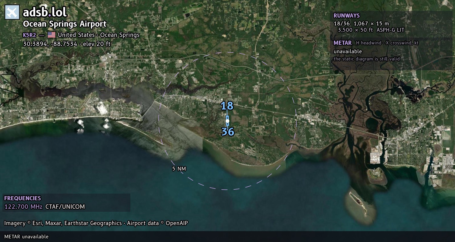 Satellite map with the runway layout of Ocean Springs Airport (K5R2)