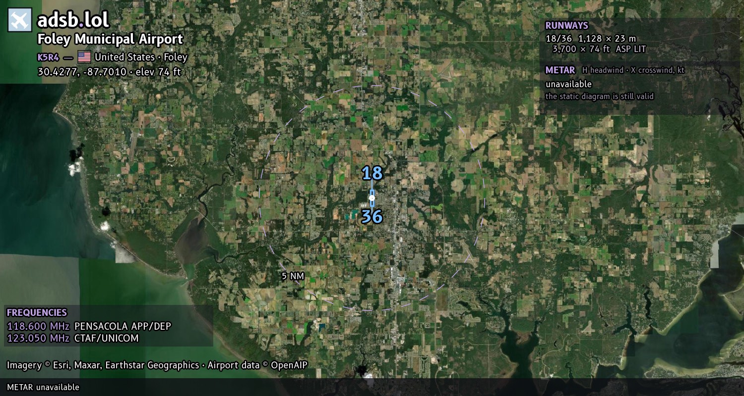 Satellite map with the runway layout of Foley Municipal Airport (K5R4)