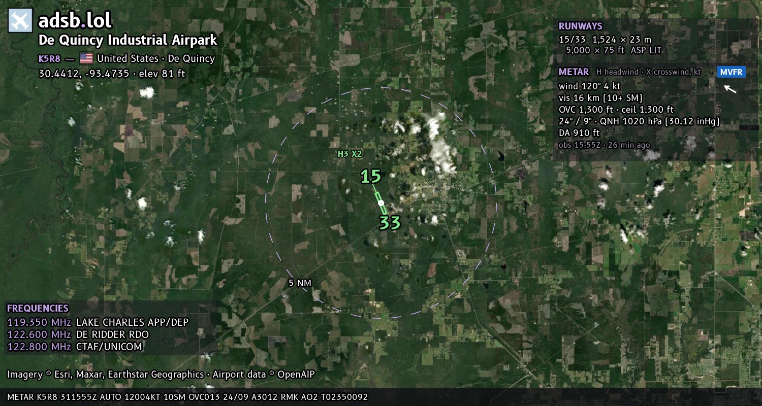Satellite map with the runway layout of De Quincy Industrial Airpark (K5R8)
