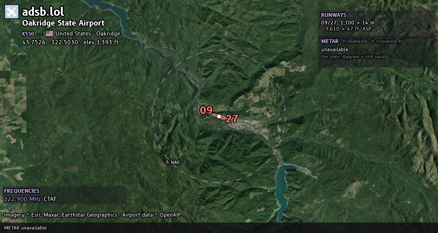Satellite map with the runway layout of Oakridge State Airport (K5S0)